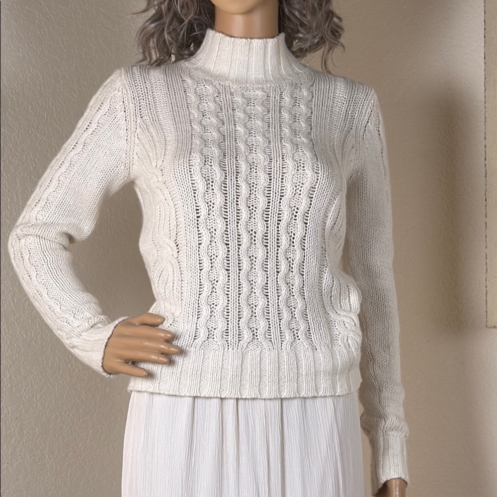 Ann Taylor Ramie Rabbit Hair Blend White Turtleneck Cable Knit Sweater
